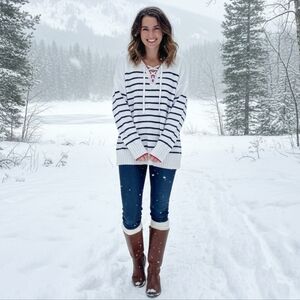 100% Cotton Vneck Lace Up Striped Sweater Size Large Preppy Nautical Sailor Chic